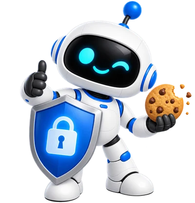 Bit, der Roboter der Conversion Junkies, mit einem Schutzschild und einem Cookie in der Hand
