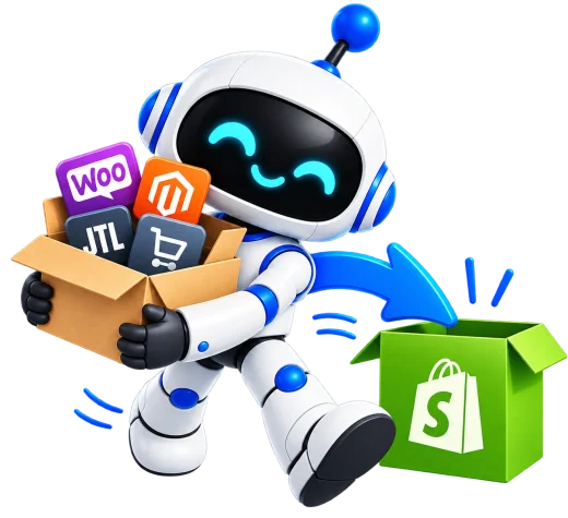 Bit, der KI-Kollege der Conversion Junkies, trägt einen Karton mit WooCommerce, Magento und JTL hinüber zu Shopify