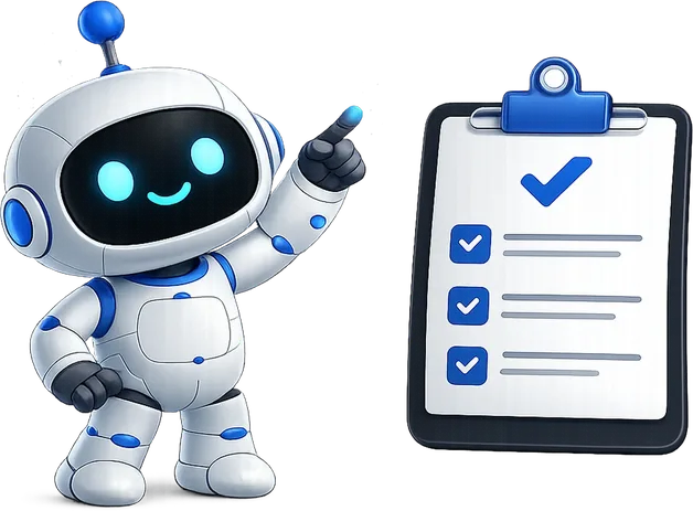 KI-Roboter zeigt auf eine Checkliste: Jedes Ergebnis wird geprüft und freigegeben