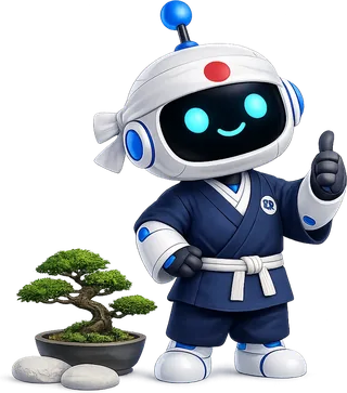 KI-Roboter im Karate-Anzug neben einem Bonsai als Sinnbild für das Kaizen-Prinzip