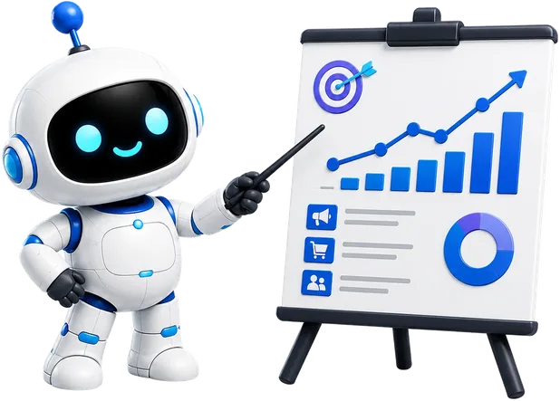 KI-Roboter präsentiert Marketing-Kennzahlen auf einem Flipchart
