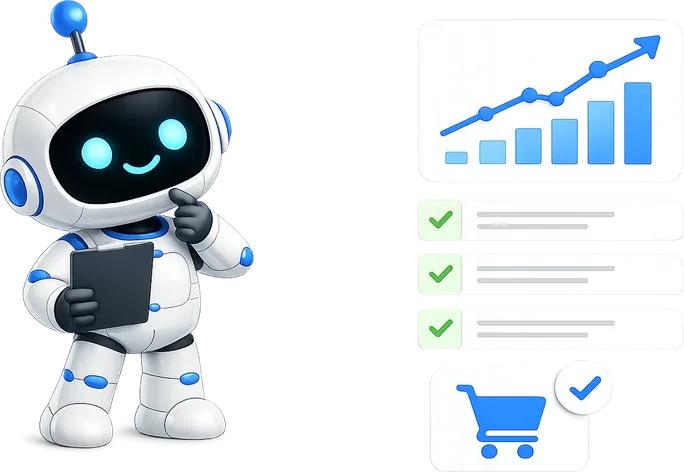 KI-Roboter zeigt auf Shop-Daten, die beim Umzug zu Shopify vollständig mitkommen