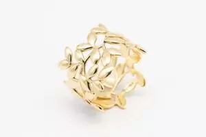 Ein goldener Ring mit Blattmuster liegt auf einer weißen Fläche