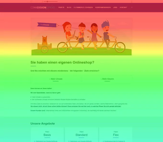 Screenshot der Conversion-Junkies Website, die in verschiedenen Farben von oben dunkelrot bis unten hellblau eingefärbt ist